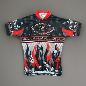 Kucharik Men's L Short Sleeve Cycling Jersey Flaming Skull Black Red Shirt